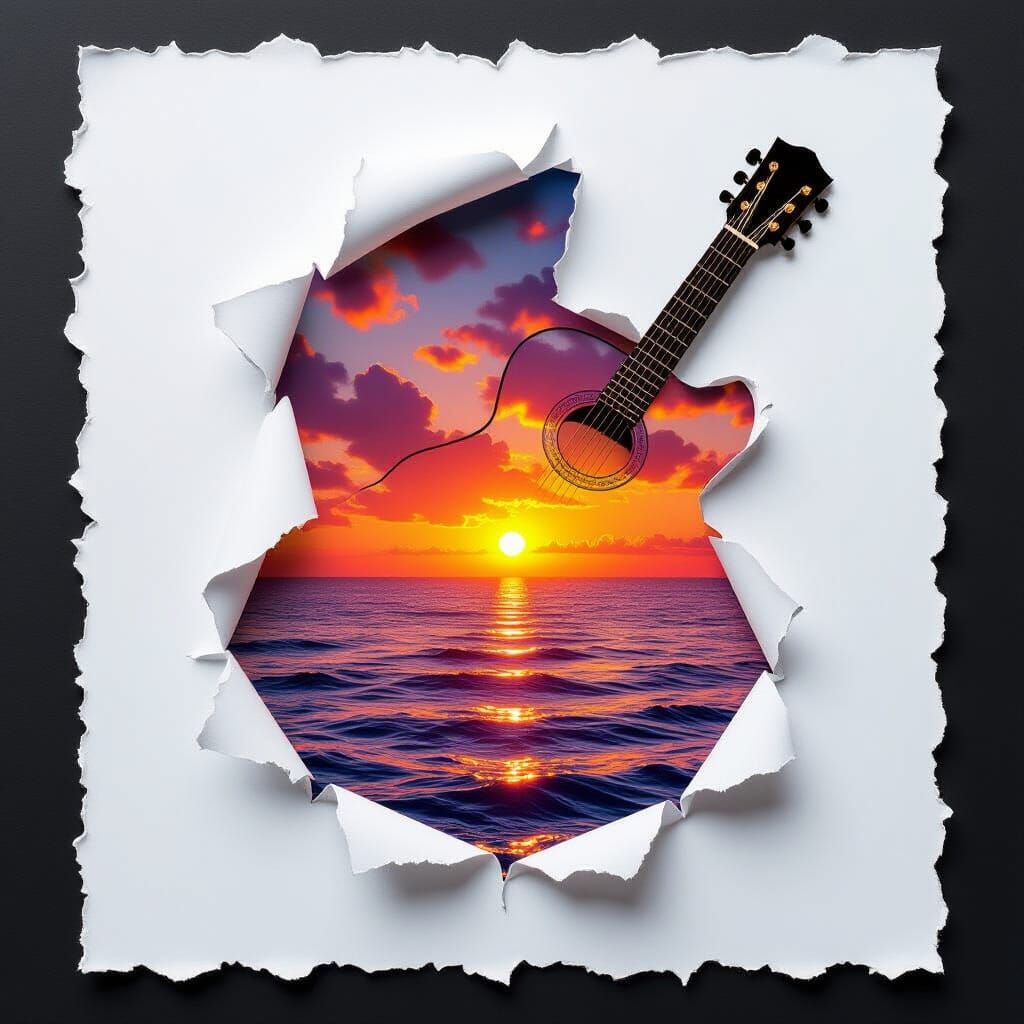 Paper Guitar Reveals Ocean Sunset Scene