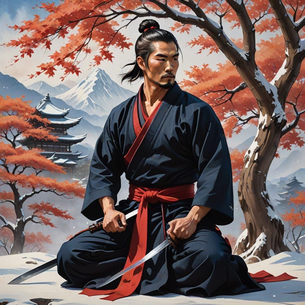 A Serene Samurai in Snow