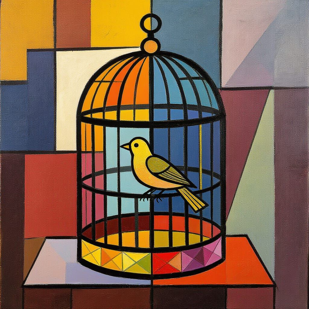 Ornate Birdcage with Golden Bird in Cubist Style