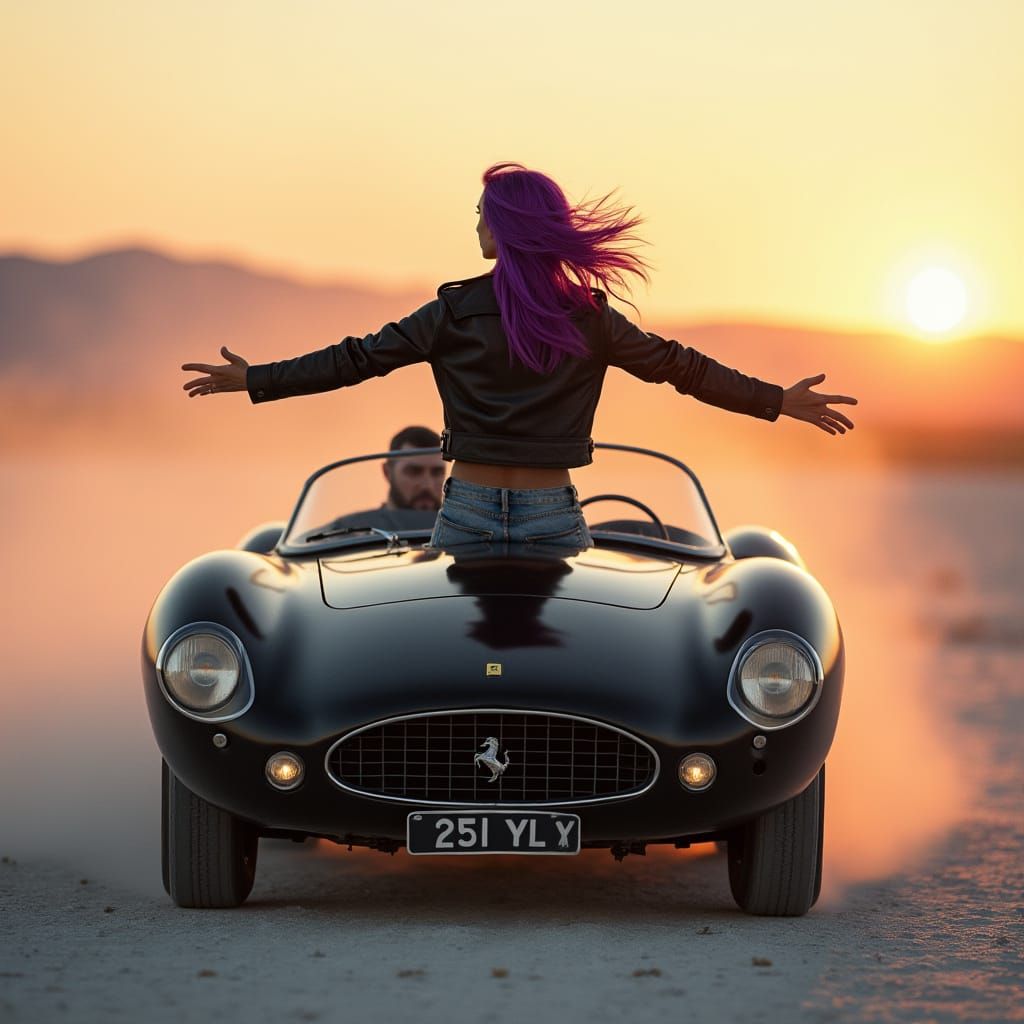 Woman on Ferrari Salt Flat Sunset: Cinematic Realism
