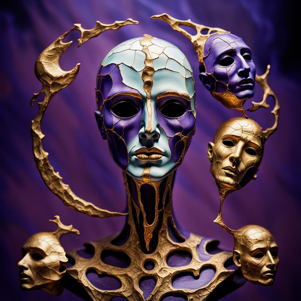 Surreal Skeletal Humanoid with Crescent Moon Masks