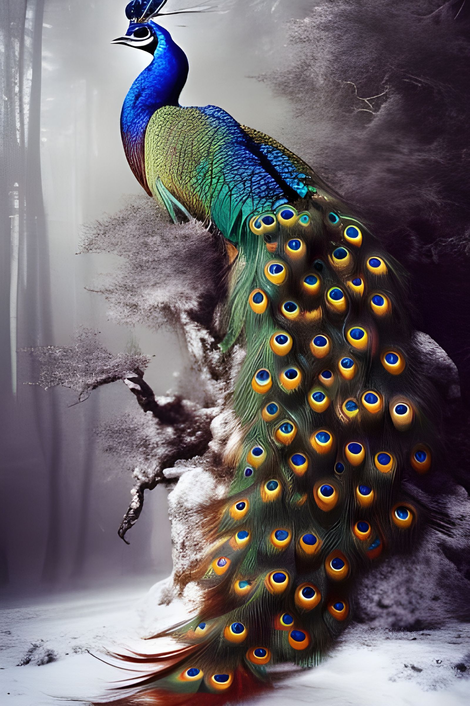Peacock in Snowy Forest: Fantasycore Digital Art