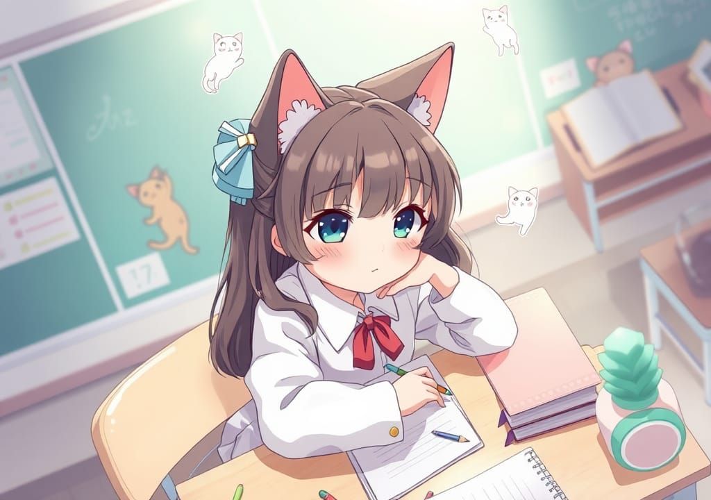 Cute Chibi Catgirl in Dreamlike Anime Classroom