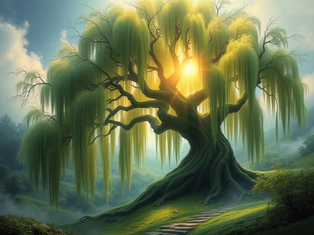 Ancient Willow Tree in Mystical Landscape