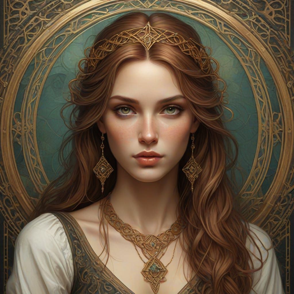 Pagan Witch Portrait with Celtic Knotwork in Alcohol Ink Sty...