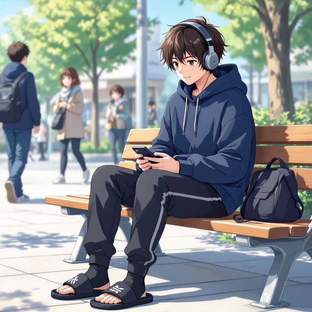 Anime Boy with Headphones on Bench