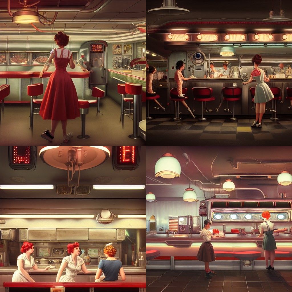 Mechanical Goddess in 1950s Diner, 3D Rendered