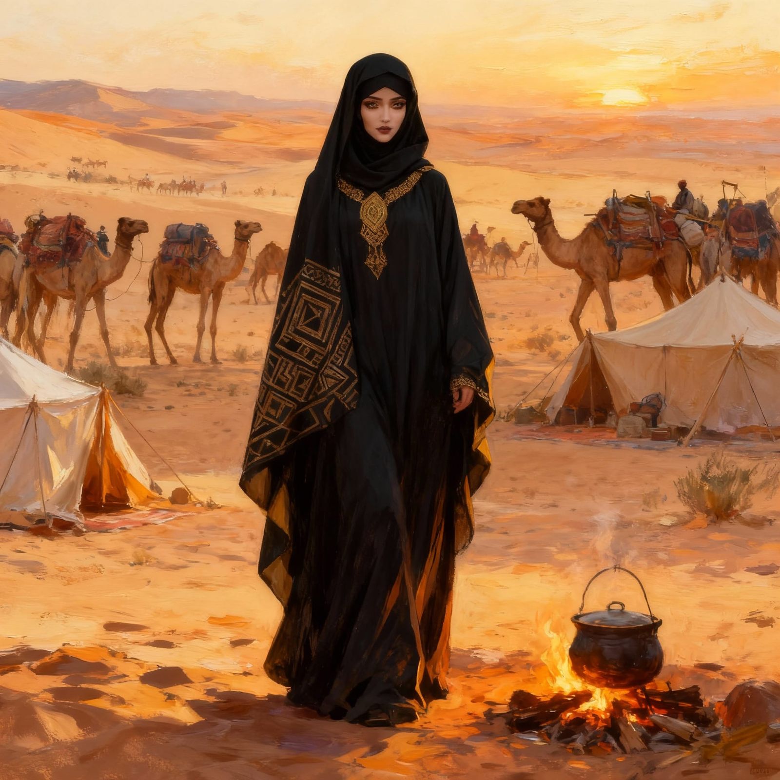 Muslim Woman in Desert Scene, Islamic Art Style
