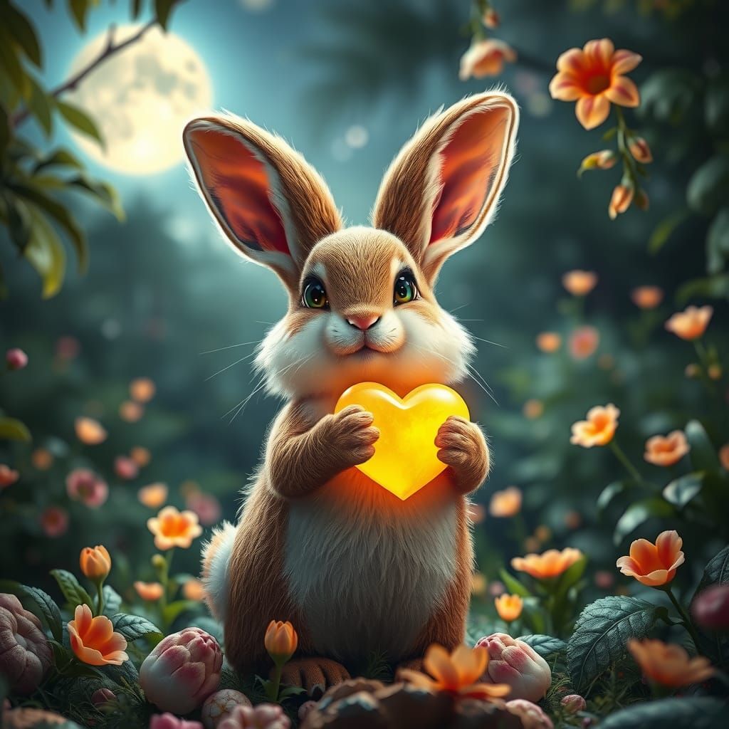 Dwarf Bunny with Heart in Magical Jungle