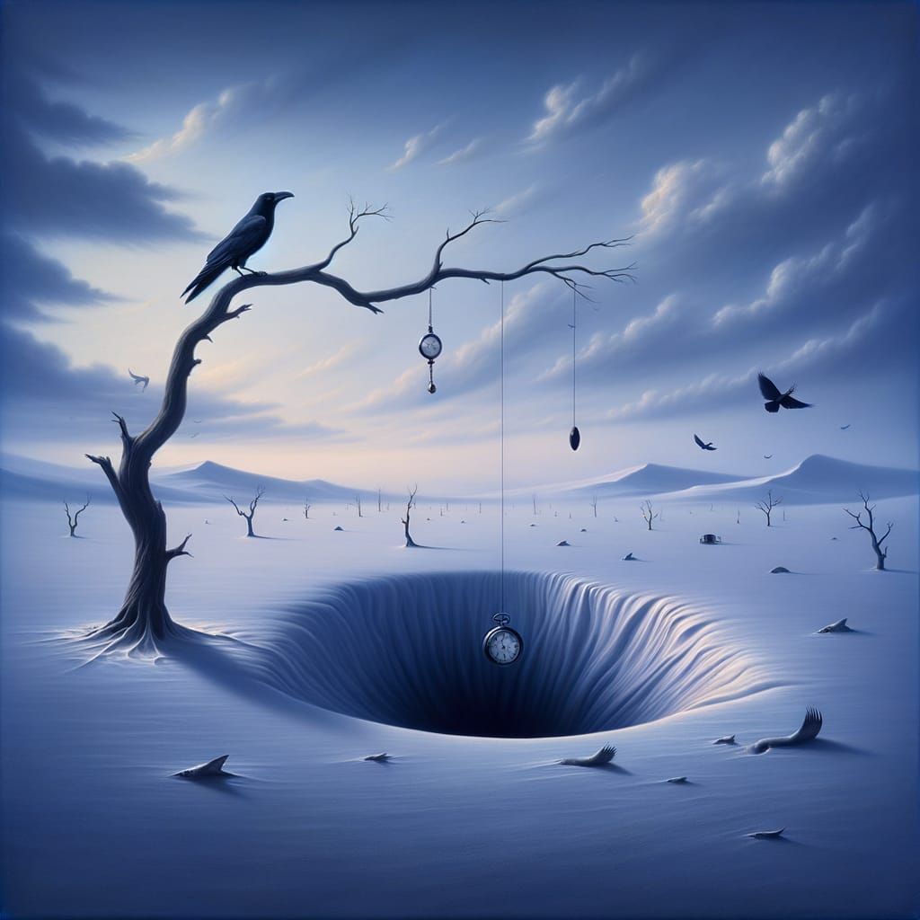 Surreal Snowscape with Melting Crow and Time Elements