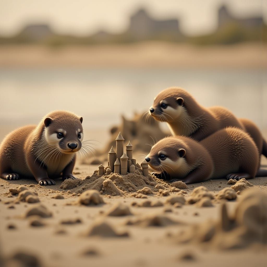 Otter Family Building Sandcastles at Dawn