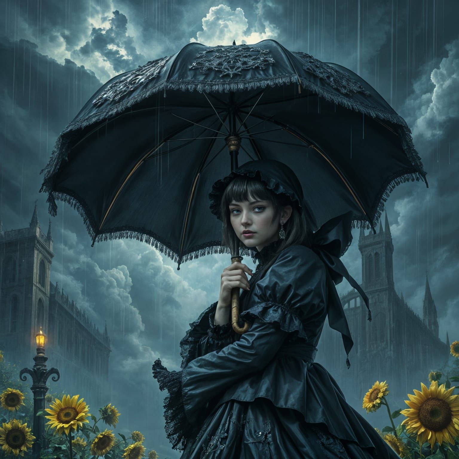 Gothic Girl with Umbrella in Stormy Fantasy Art