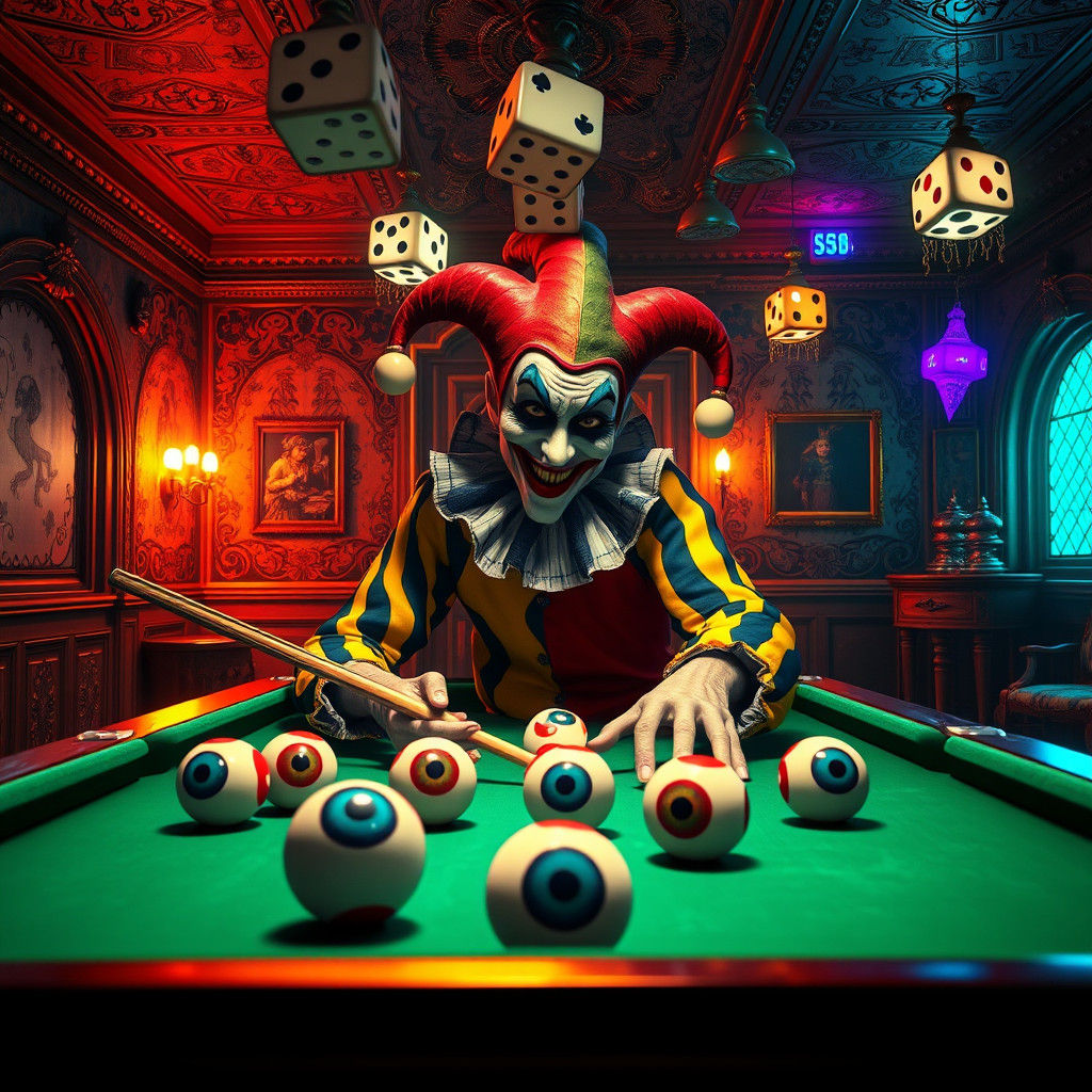 Jester's Surreal Billiards Game in Dreamlike Psychedelic Sty...