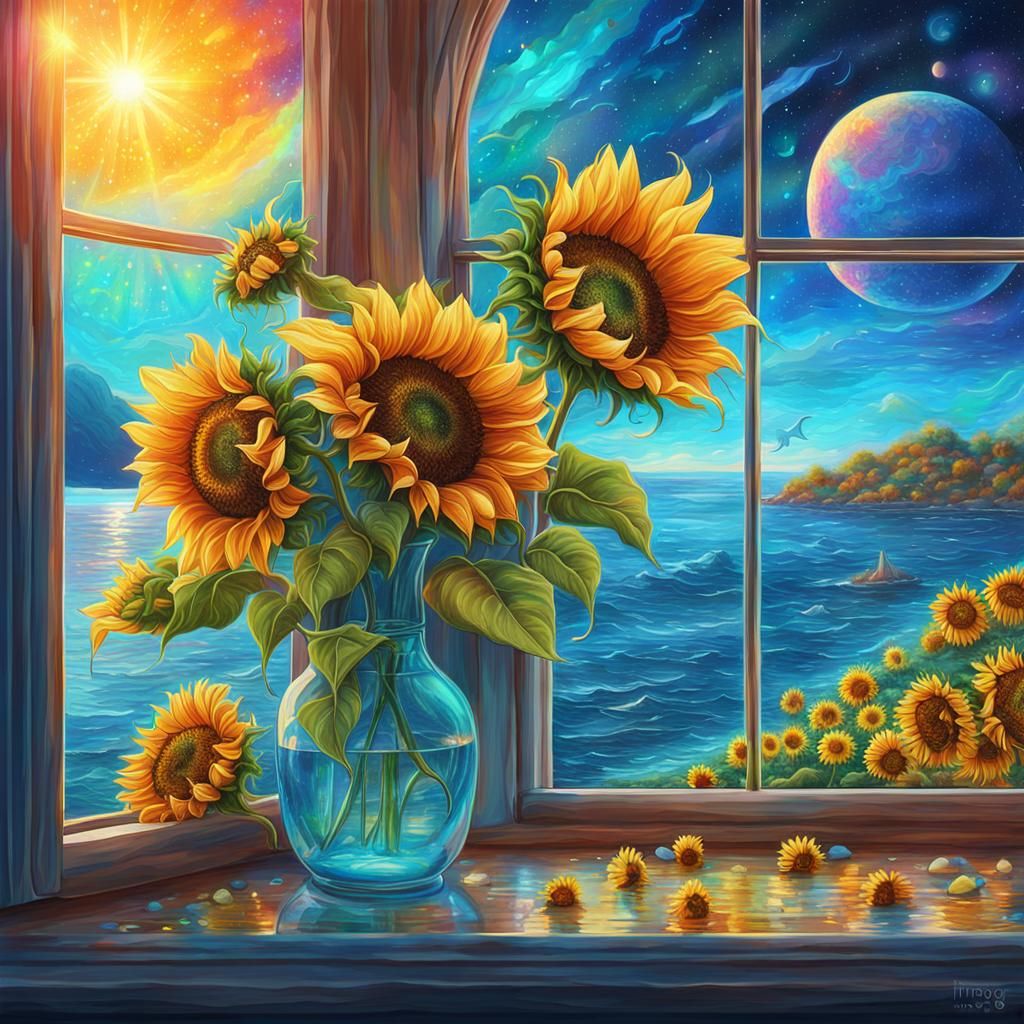 Sunflowers Overlooking the Sea: Cosmic Astral Illustration