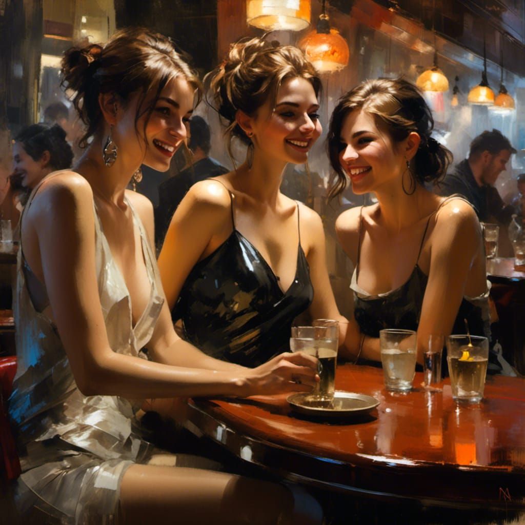 Two Women in Bar, Photorealistic Matte Painting