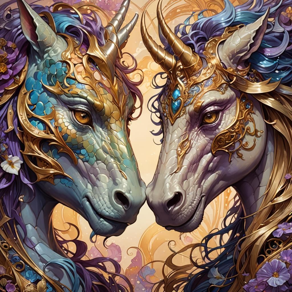 Dragon and Unicorn Nose Touch, Art Nouveau Style
