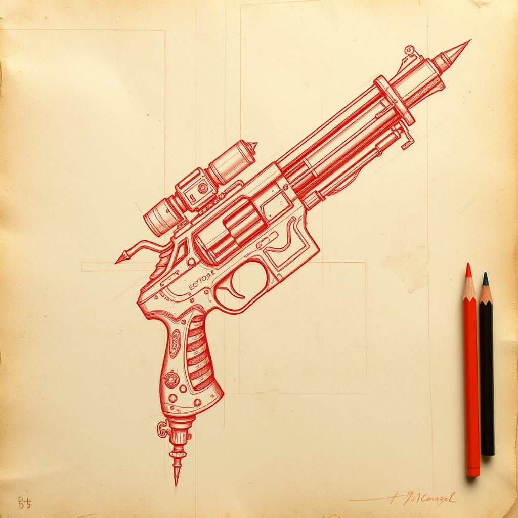 Renaissance-Futuristic Weapon Design in Red Chalk