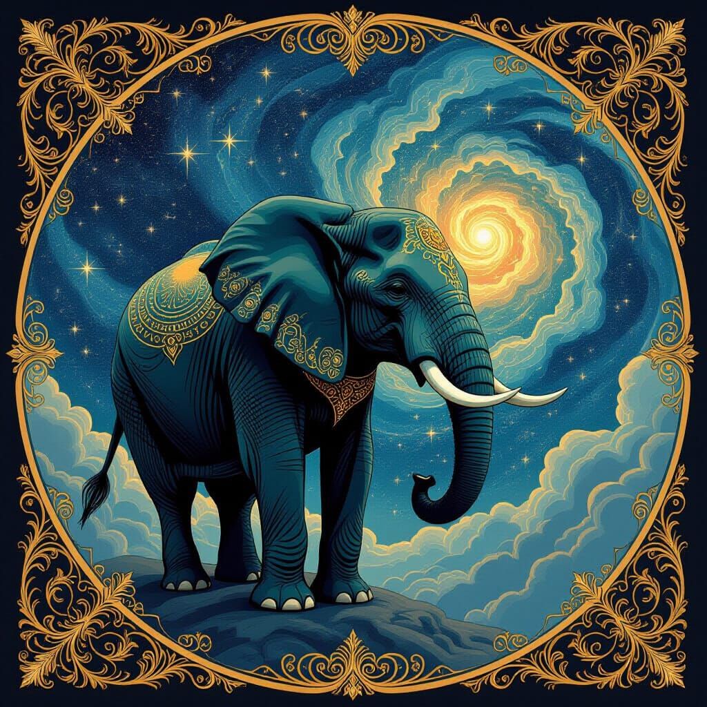 Majestic Elephant in Cosmic Nebula with Art Nouveau Designs