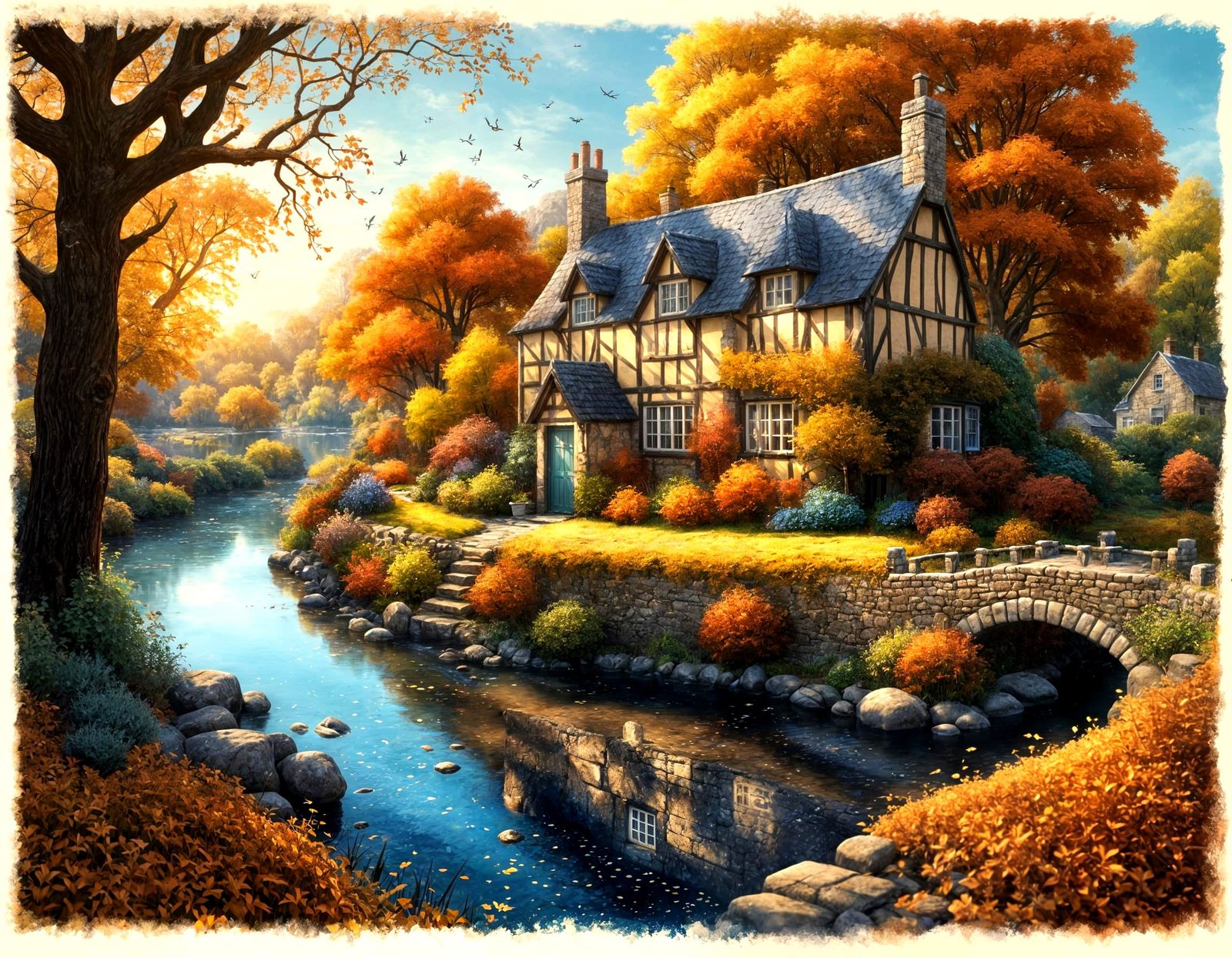 English Cottage Autumn Landscape in Pointillist Style