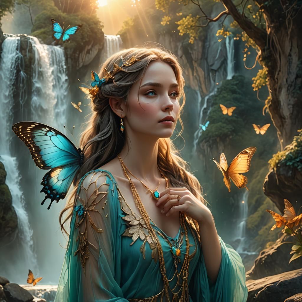 Fantasy Fairy Portrait with Waterfall in Magic Realism