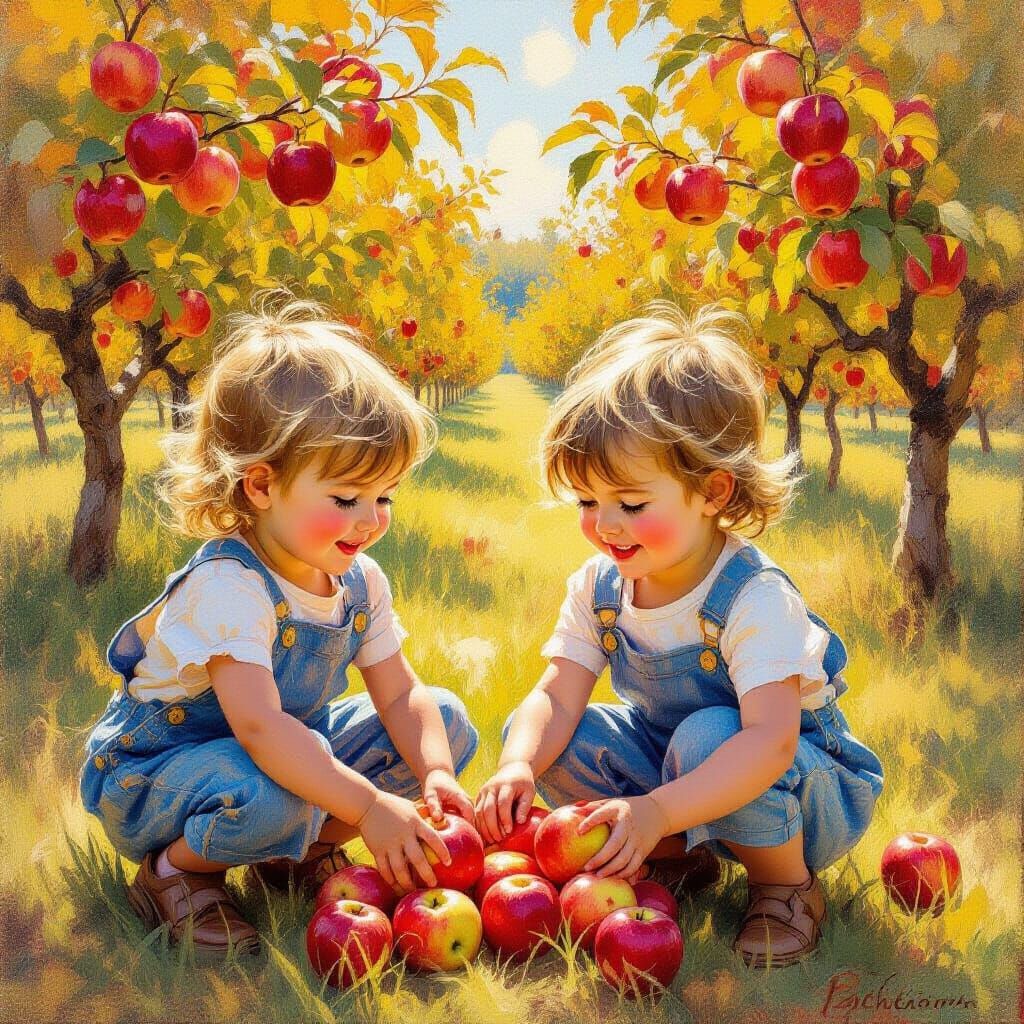Children Picking Apples in Golden Autumn Light