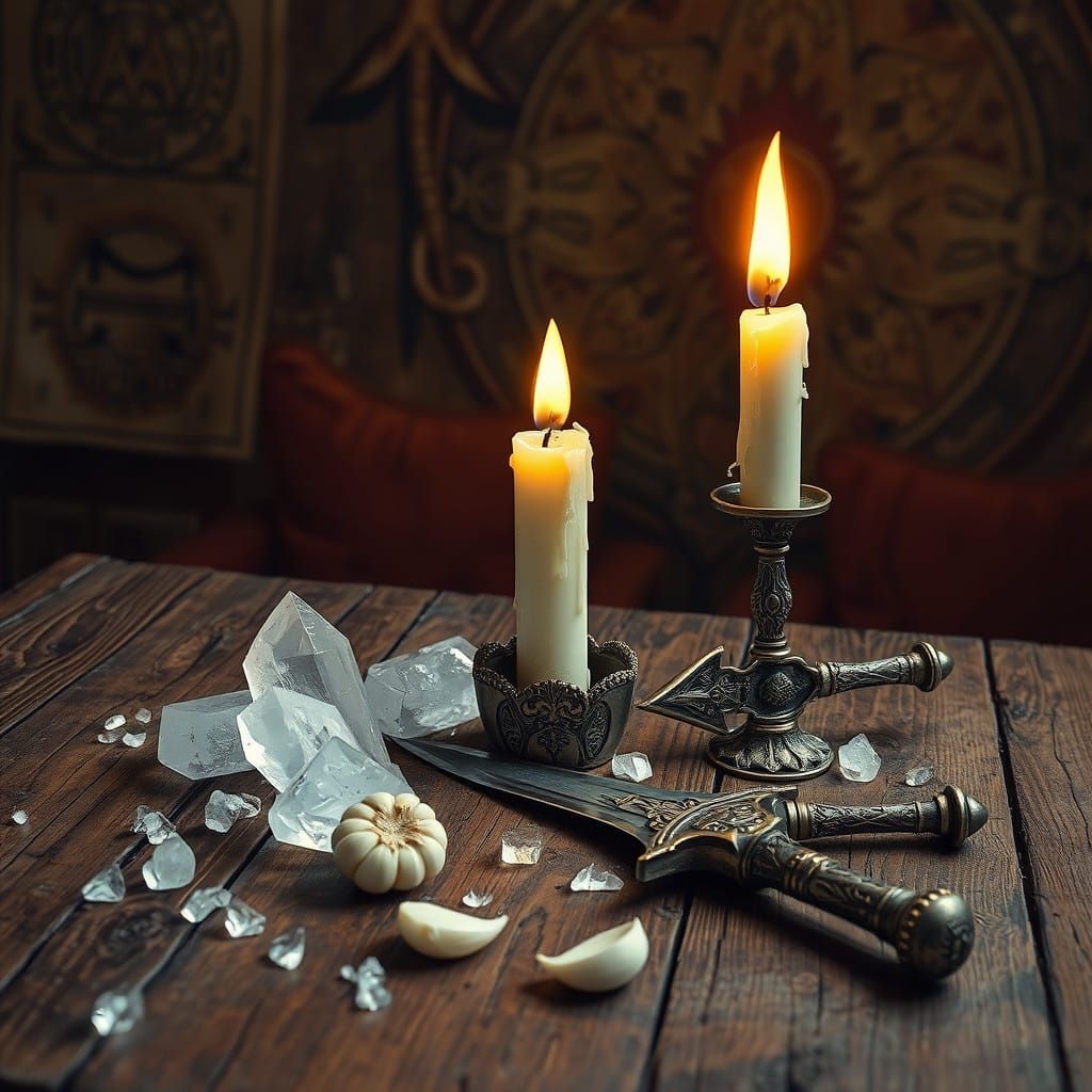 Esoteric Candlelit Still Life with Ancient Symbols