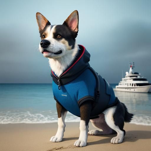 Smiling Dog on Beach with Boat: Hyperrealistic Art