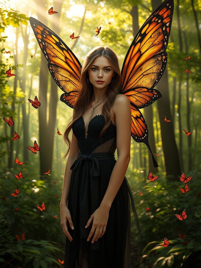 Hyperrealistic Fairy in Lush Forest with Butterflies