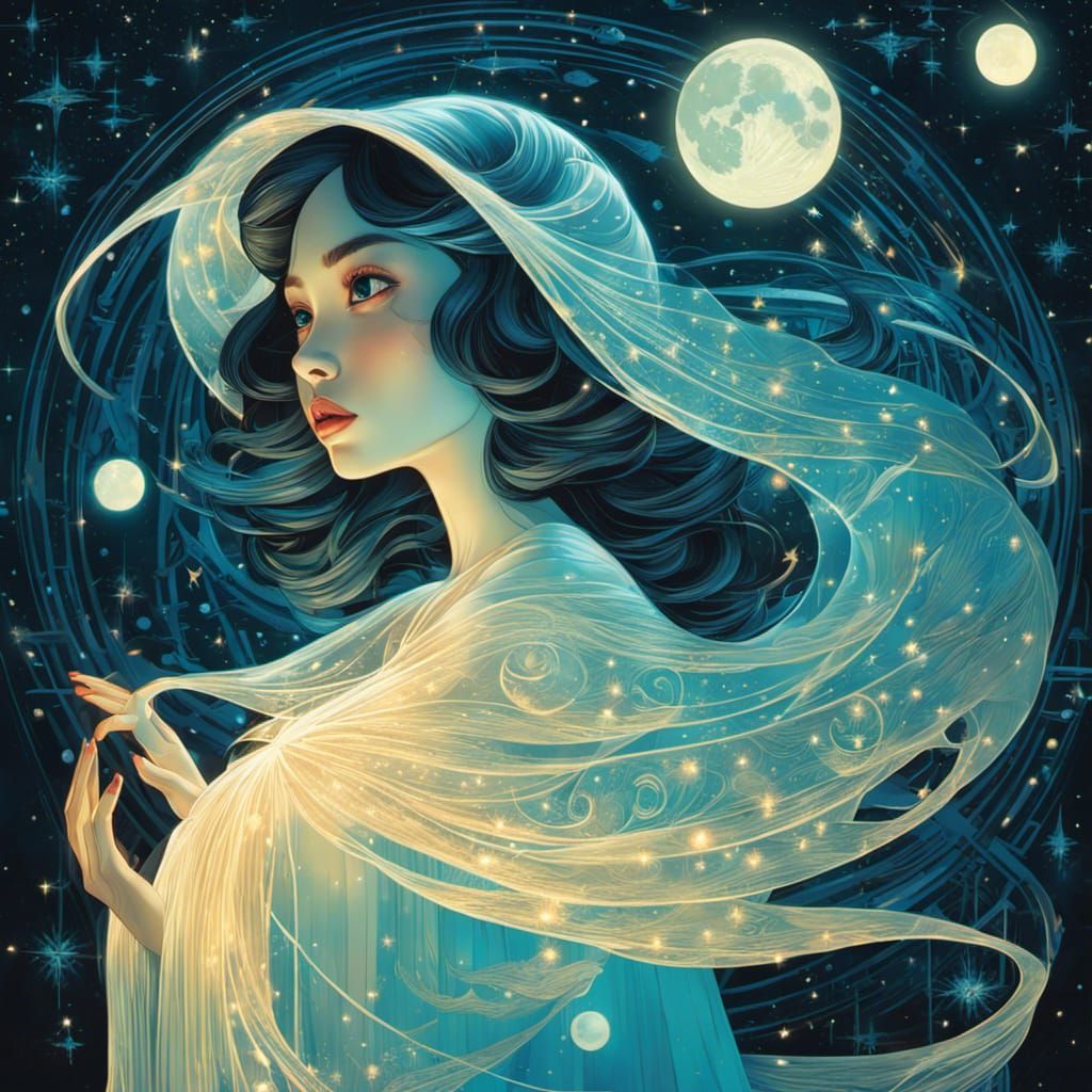 Ghost Witch Soaring in Starry Sky: Pop Surrealism