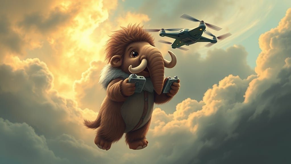 Cute Mammoth Operates Drone in Whimsical Landscape
