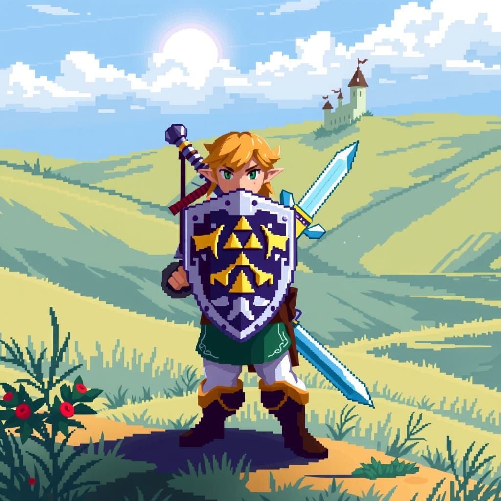 Pixel Art Swordsman with Triforce Shield in a Grassy Meadow