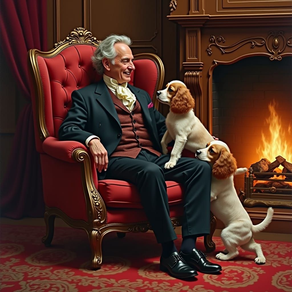 Victorian Gentleman with Spaniels by Fireplace, Oil Painting