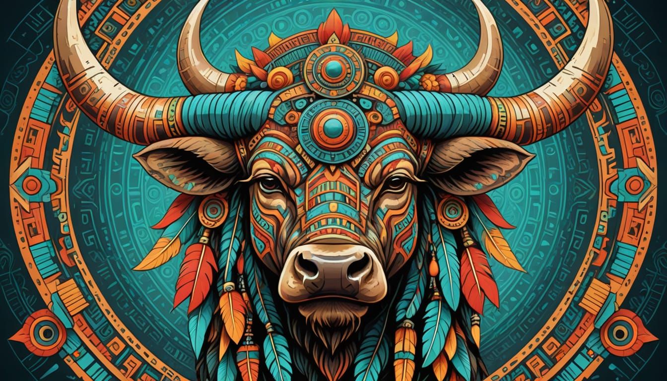 Psychedelic Bull Deity in Aztec and Mayan Style