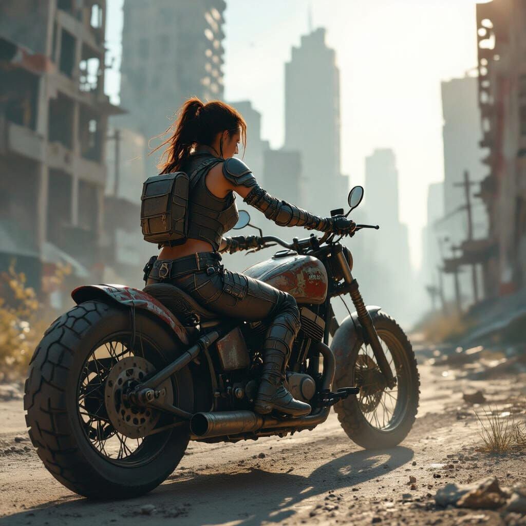 Female Biker in Post-Apocalyptic Cityscape
