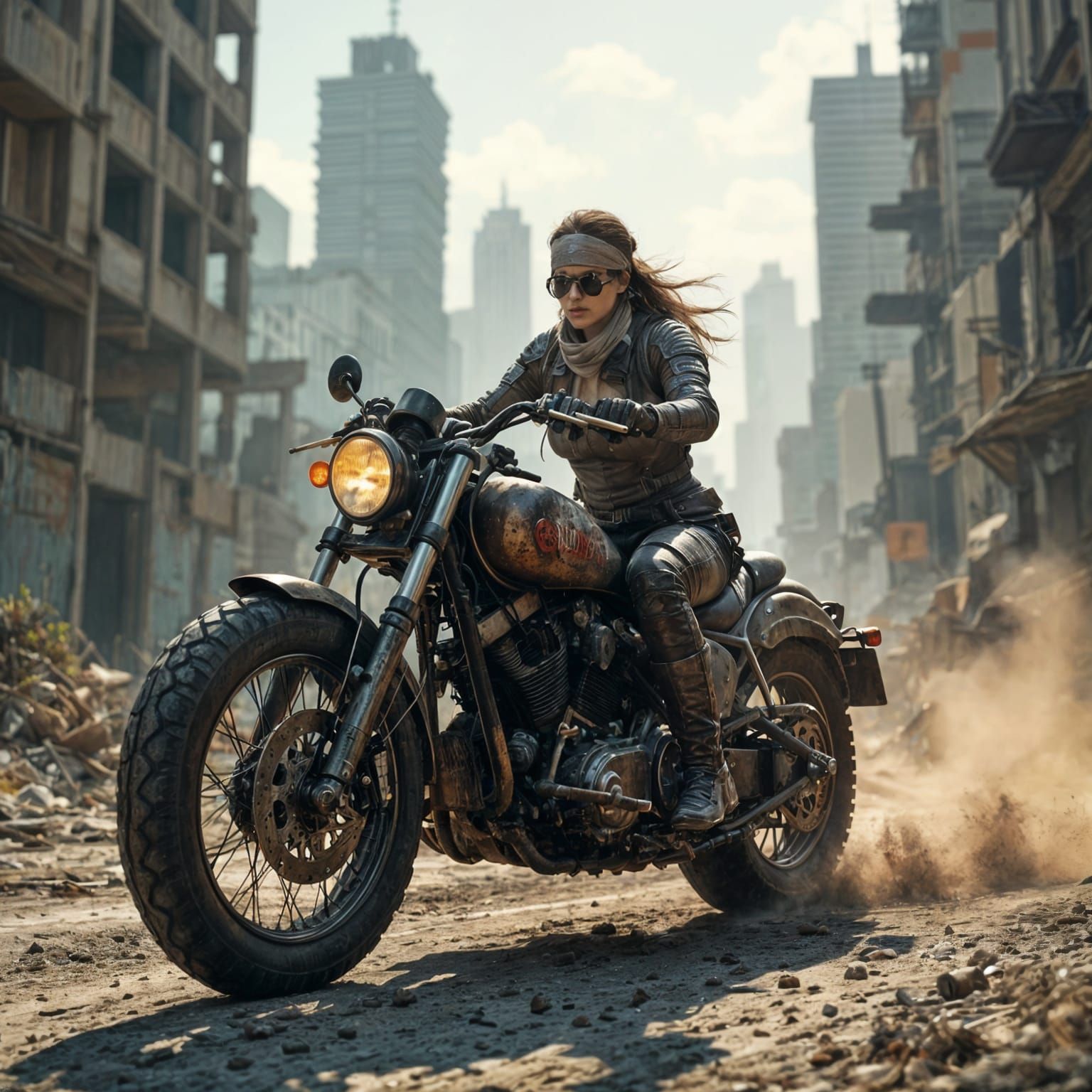 Female Biker in Post-Apocalyptic Cityscape
