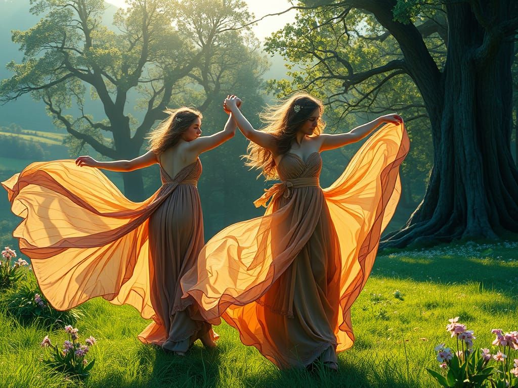 Pre-Raphaelite Women Dancing in Irish Landscape