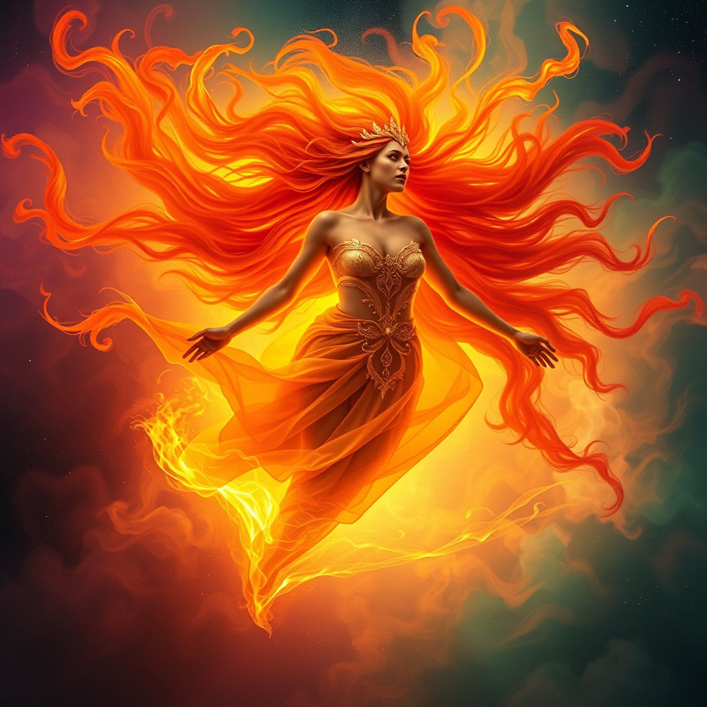 Golden Woman Soaring Through Smoky Infinity Space