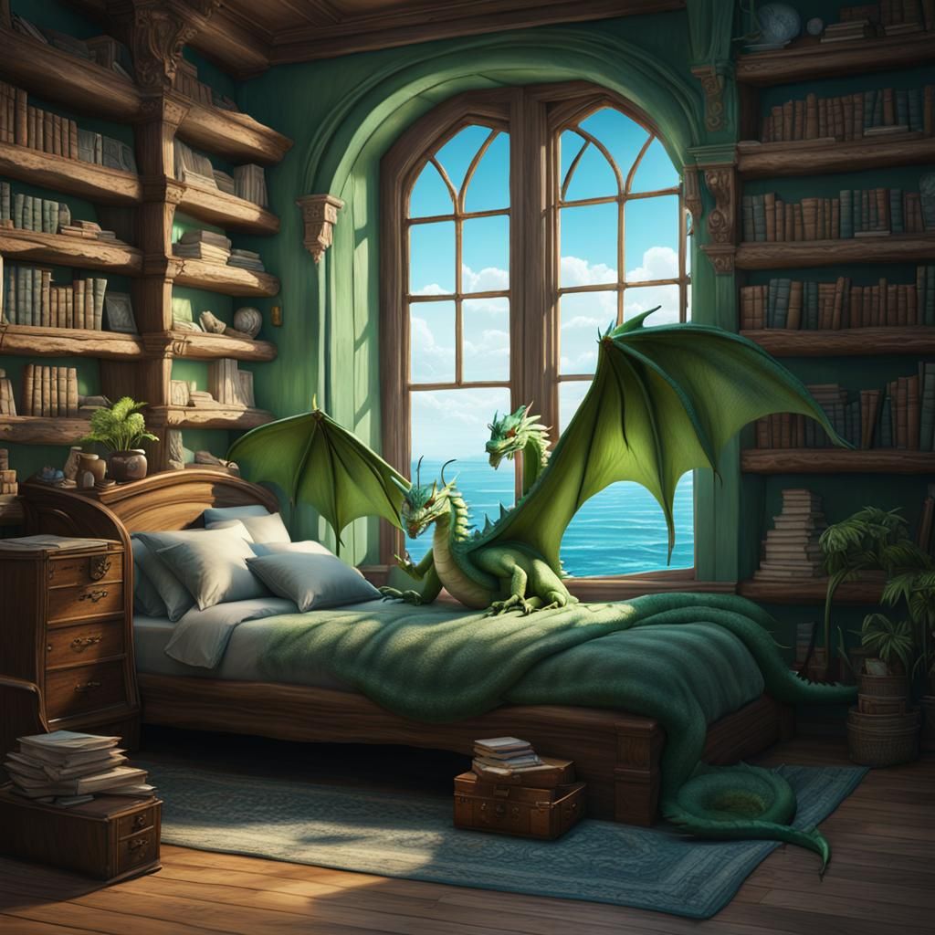 Bedroom with Green Dragon: Detailed Fantasy Art