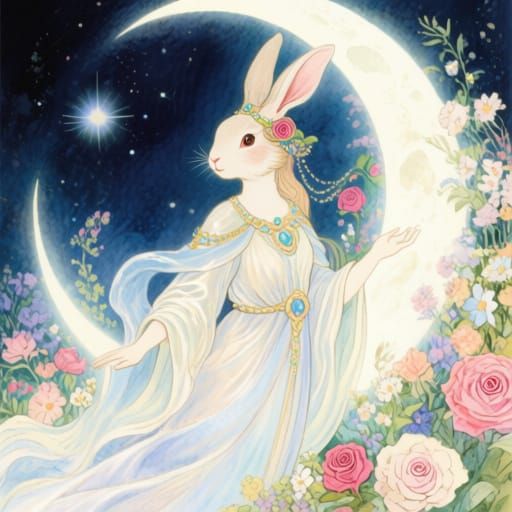 Celestial Moon Rabbit Goddess in Watercolor Style