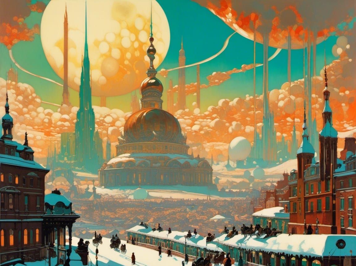 Snowy City with Glowing Domes in Icy Landscape