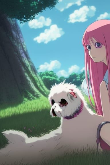 Pink-Haired Anime Girl with Monster Dog
