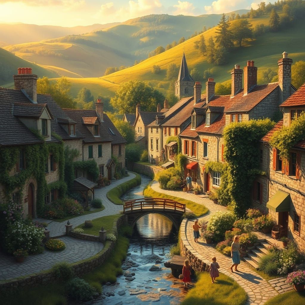 Idyllic Village Scene in Golden Hour Oil Painting Style