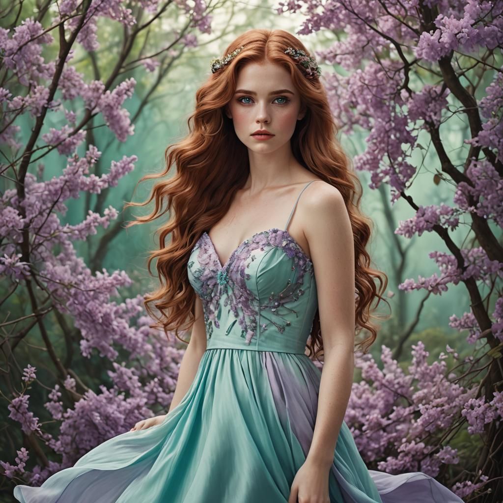 Beautiful Woman with Auburn Hair in Fantasy Setting
