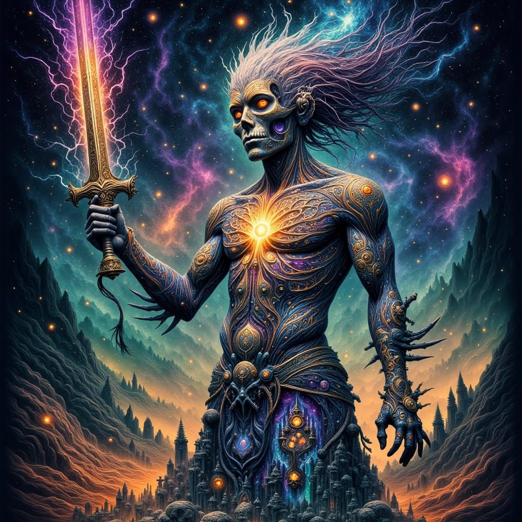 Cosmic Sugar Skull Warrior in Art Nouveau Style