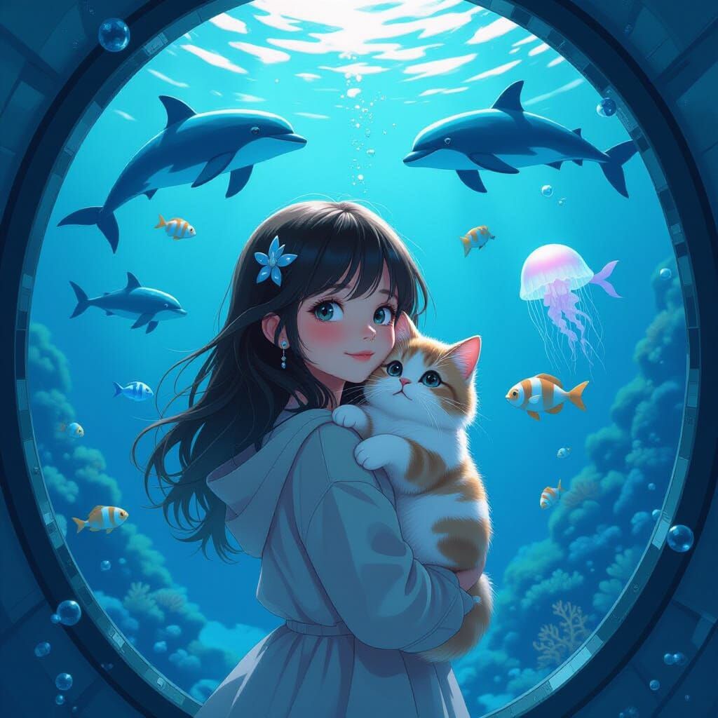 Girl and Cat in Underwater Tunnel With Marine Life