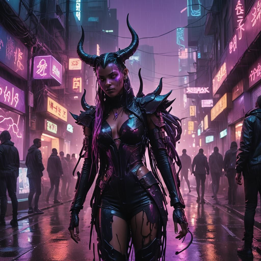 Cyberpunk Demon in Neon Noir Cityscape