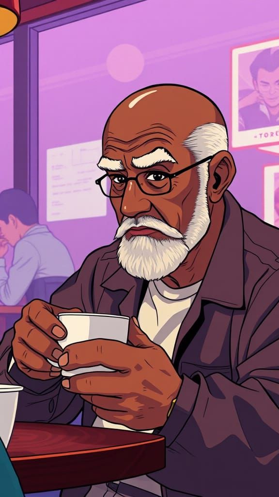 Black Man Drinking Coffee in 80s Anime Style