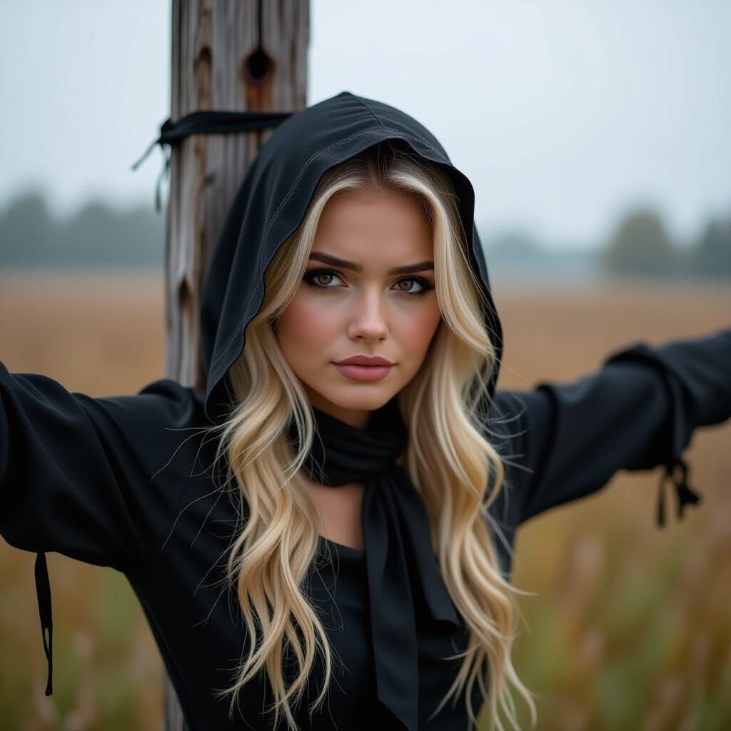 Crying Blonde Woman in Stormy Meadow, Hyperreal Portrait