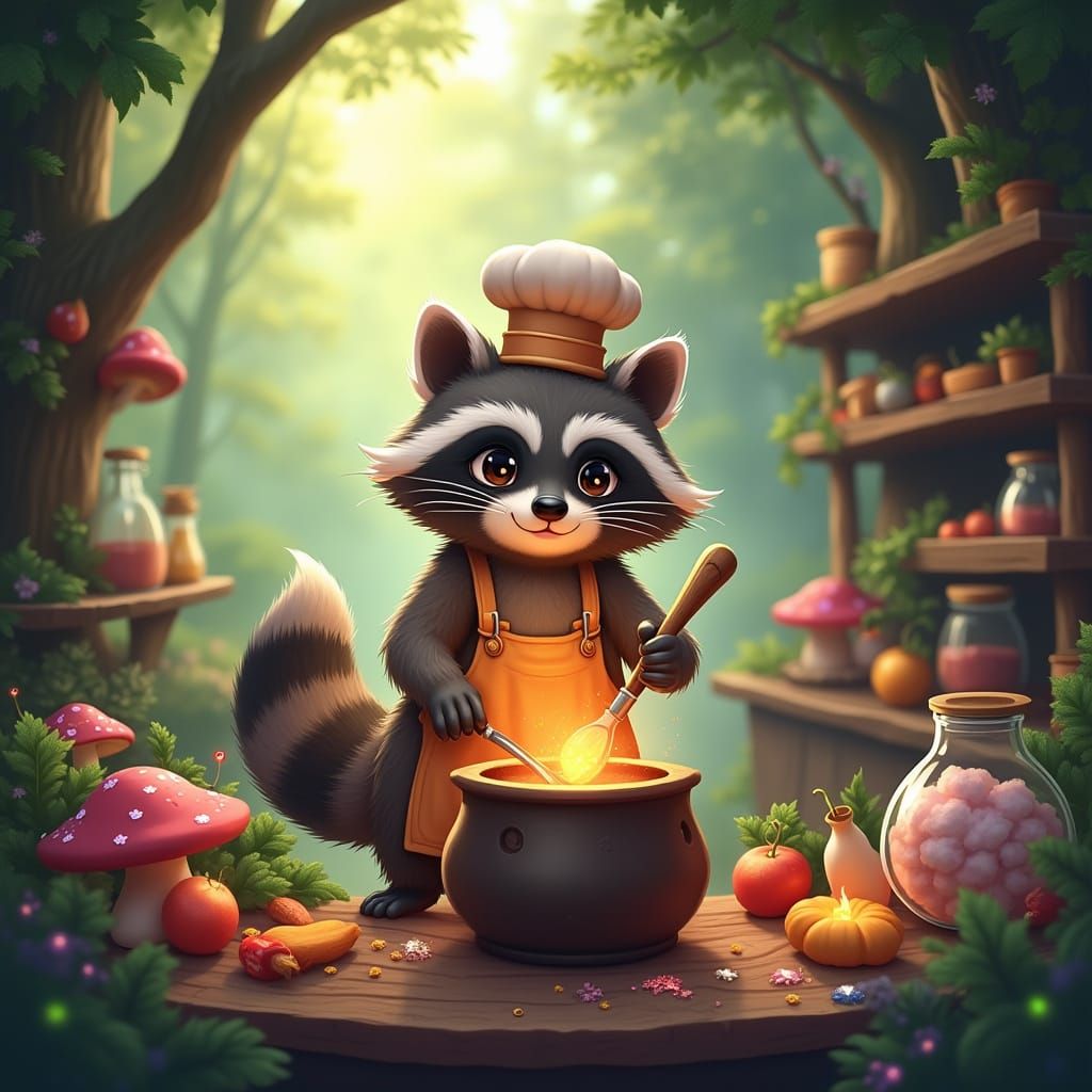 Whimsical Forest Chef Raccoon in Anime Style