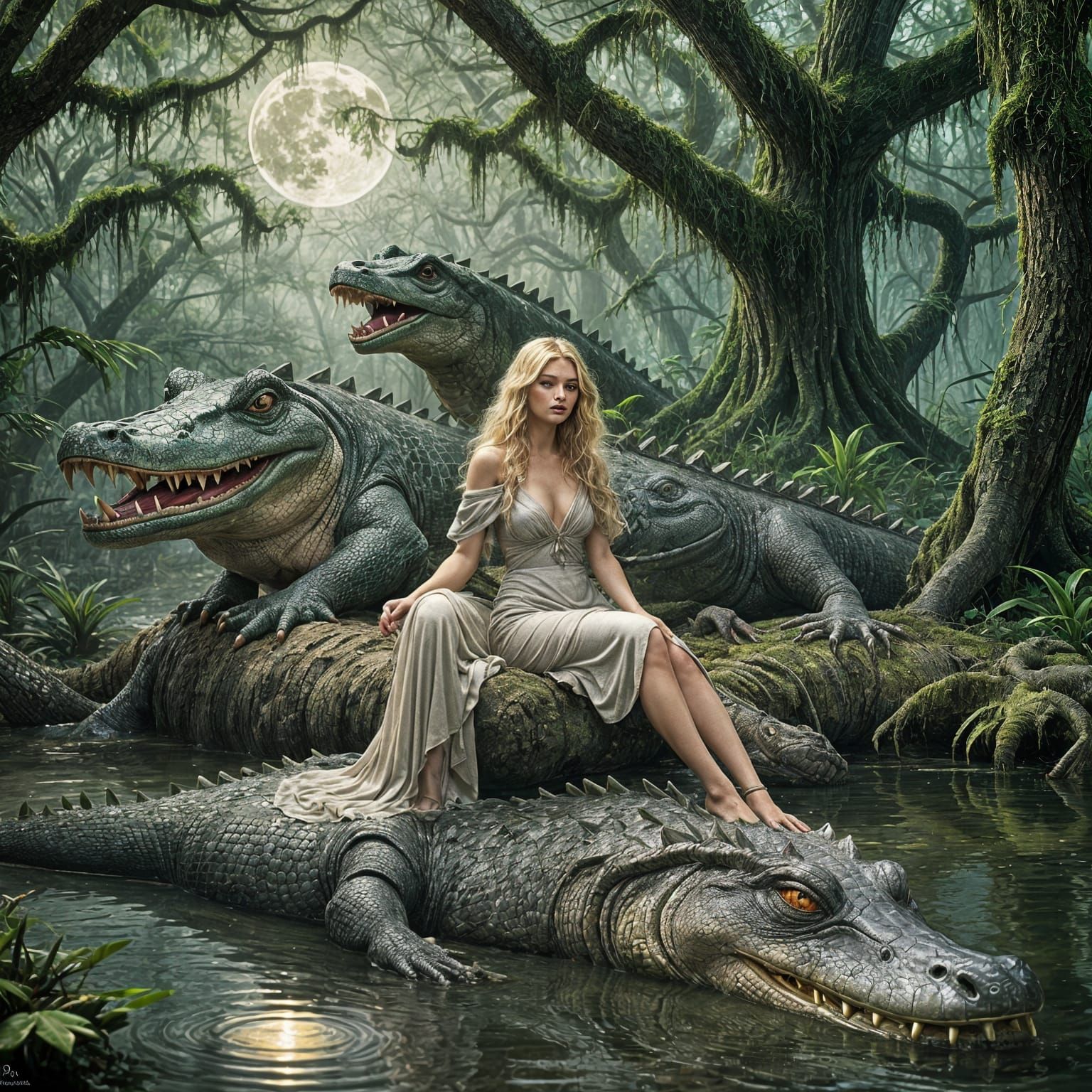 Seductress on Alligator in Bayou, Hyperrealistic Digital Art
